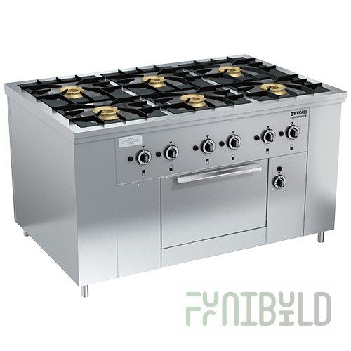Gas stove 6-burner open type floor with oven. cabinet PRG-IIA-6 DSh Maxi (1470x990x850(760)mm, 6x8kW, 1x8kW)