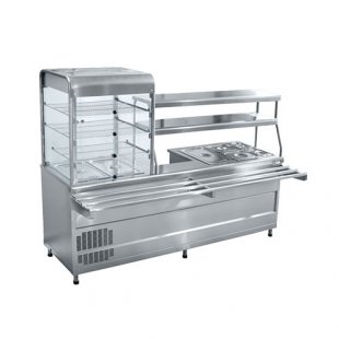Refrigerated display counter with bain-marie, universal, PVCM-70KMU, stainless steel (2275 in, display case on the left)
