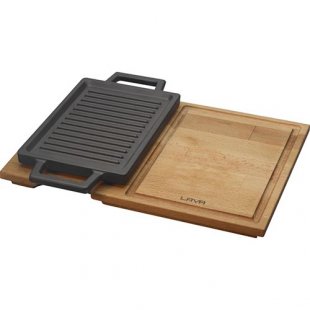 Grill pan (cast iron) on a wooden stand 22x15cm. 2 handles, black