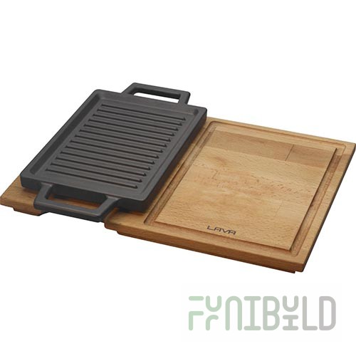Grill pan (cast iron) on a wooden stand 22x15cm. 2 handles, black