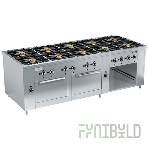 Gas stove 10-burner open type floor with 2 ovens PRG-IIA-10 2DS Maxi (2420x990x850(760)mm, 10x8kW, 2x8kW)