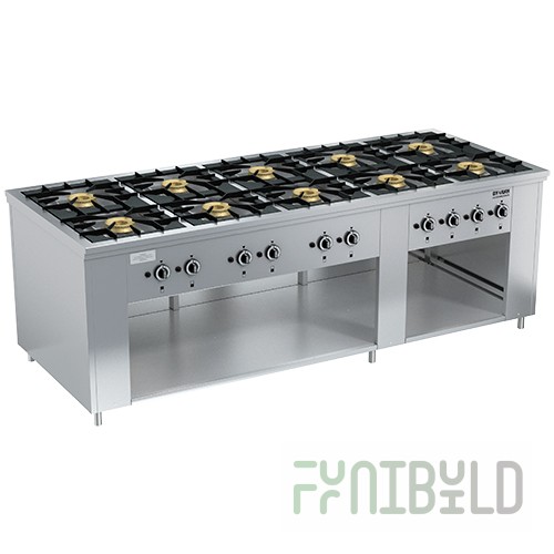 Gas stove 10-burner open type floor without oven. cabinet PRG-IIA-10 Maxi (2420x990x850(760)mm, 10x8kW)