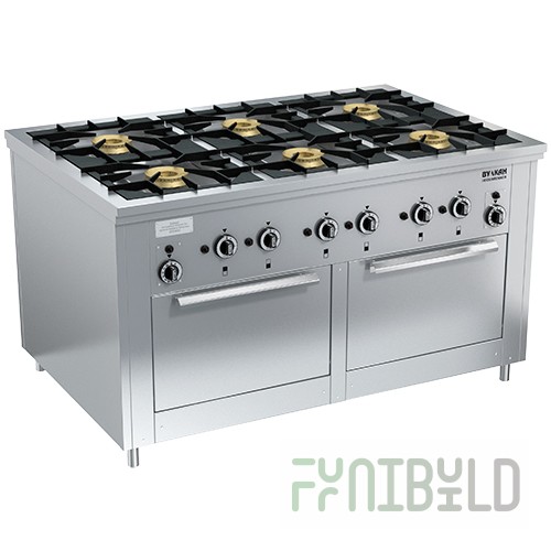 Gas stove 6-burner floor open type with 2 ovens PRG-IIA-6 2DS Maxi (1470x990x850(760)mm, 6x8kW, 2x8kW)