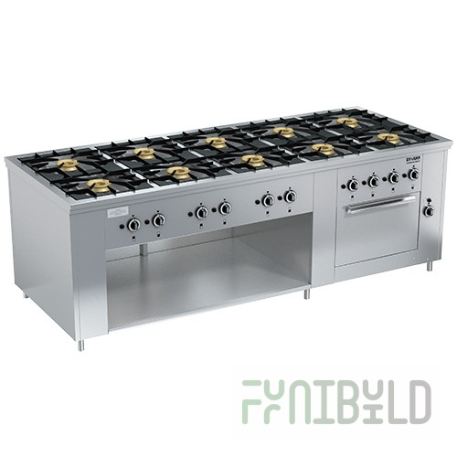 Gas stove 10-burner open type floor with 1 oven. cabinet PRG-IIA-10 DSh Maxi (2420x990x850(760)mm, 10x8kW, 1x8kW)