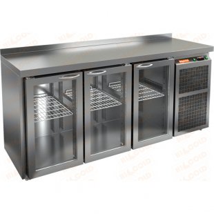 Table with a cooler with glass doors. Hicold SNG 111 BR2 HT O (1950x600x850mm, +2...+10 °C)