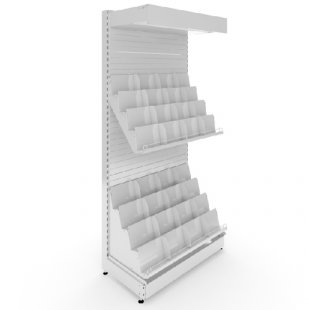 Magazine rack 1000x600x1900mm, shelves: base 500mm + 2x4-step magazine shelves, solid back wall, plinth, frieze
