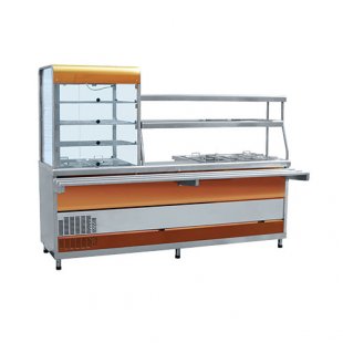 Refrigerated display counter with bain-marie, universal, PVCM-70KMU, colored (2275 in, red gold, stained left)