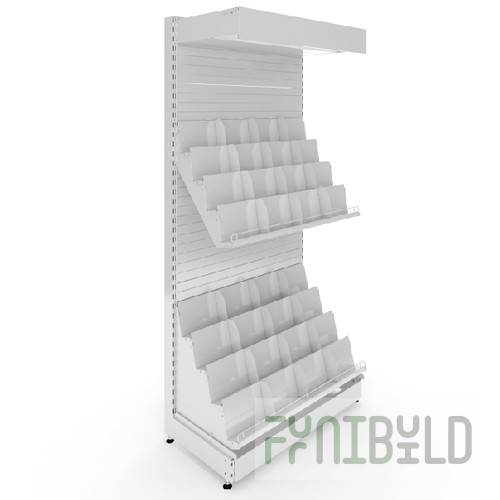 Magazine rack 1000x600x2250mm, shelves: base 500mm + 2x4-step magazine shelves, solid back wall, plinth, frieze