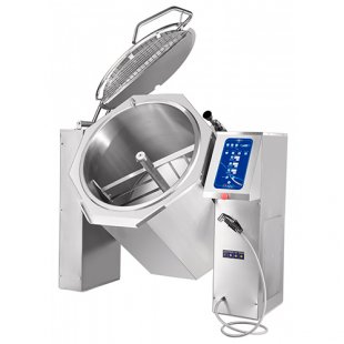 Overturning cooking kettle KPEM-160-OM2 with mix and drain tap (160 l, 1363x980x1164 in, 120°C, steam jacket, program control, solid-drawn vessel)