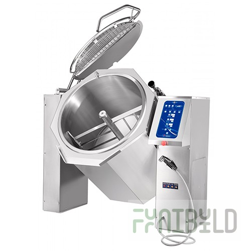 Overturning cooking kettle KPEM-160-OM2 with mix and drain tap (160 l, 1363x980x1164 in, 120°C, steam jacket, program control, solid-drawn vessel)