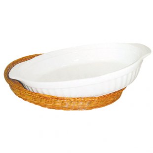Porcelain dish for baking and serving with a wicker stand 23x14.5x5cm