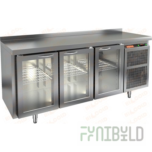 Table with a cooler with glass doors. Hicold GNG 111/HT (1835x700x850mm, 0.41 kW, 220 V, +2...+10 °C)