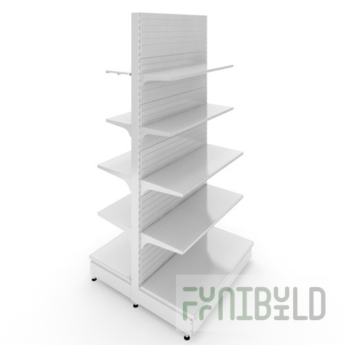 Island shelving unit 1000x600x1550mm, shelves: base 500mm+2x400mm+2x300mm, solid back wall, plinth