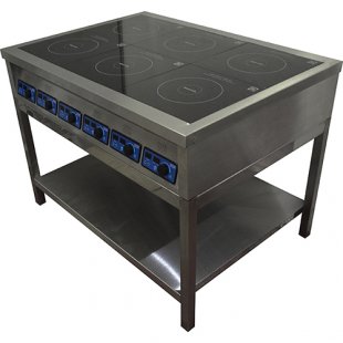 Induction cooker PI-6 (1180x850x870 in, 6 burners, solid shelf, 21 kW, 380 V)