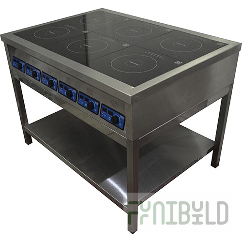 Induction cooker PI-6 (1180x850x870 in, 6 burners, solid shelf, 21 kW, 380 V)