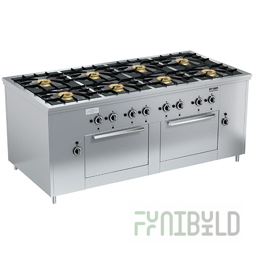 Gas stove 8-burner open type floor with 2 ovens PRG-IIA-8 2DS Maxi (1945x990x850(760)mm, 8x8kW, 2x8kW)