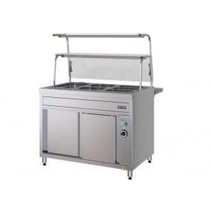 Main course bain-marie counter PMVE11 (two shelves, steam, LED lighting, 6 sets of gastronorm containers with lids, cough screen, 1120 in)