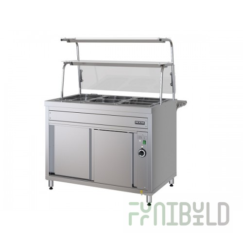 Main course bain-marie counter PMVE11 (two shelves, steam, LED lighting, 6 sets of gastronorm containers with lids, cough screen, 1120 in)