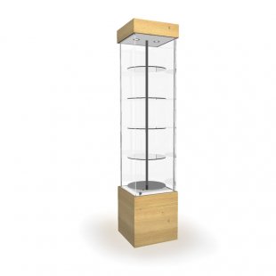 Display case with lighting and rotating shelves