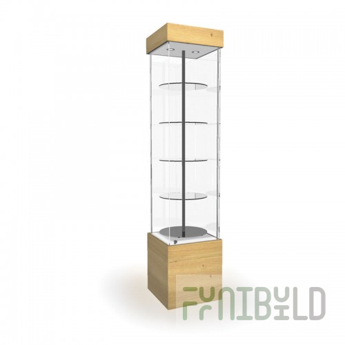 Display case with lighting and rotating shelves