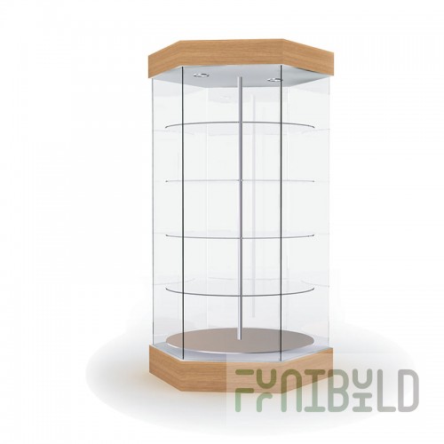 Display case with lighting and rotating shelves