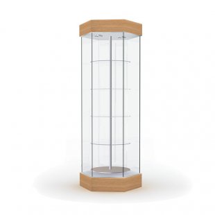 Display case with lighting and rotating shelves