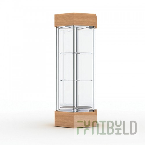 Display case with lighting and rotating shelves