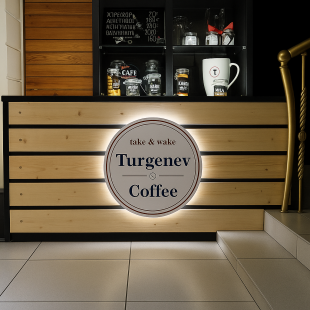 Compact Pine-Slat Coffee Counter & Signage Kit – “Turgenev” Model