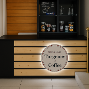 Compact Pine-Slat Coffee Counter & Signage Kit – “Turgenev” Model