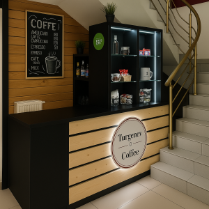 Compact Pine-Slat Coffee Counter & Signage Kit – “Turgenev” Model