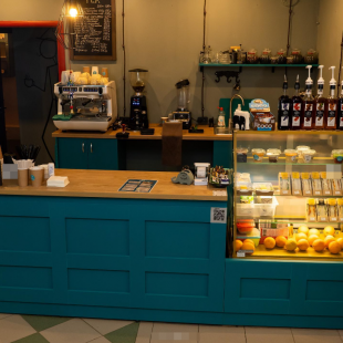 Teal Café Bar Counter with Oak Worktop