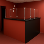 EdgeGuard Corner Front Desk – Red & Black Glass-Shield Counter