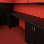 EdgeGuard Corner Front Desk – Red & Black Glass-Shield Counter
