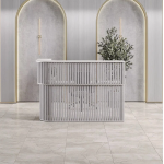 Aura Front Desk – Sleek Curved Slatted Counter
