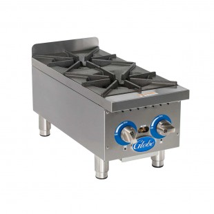 Globe GHP12G 14 Inch Gas Hotplate 2 Burners 44000 BTU with Cast Iron Grates