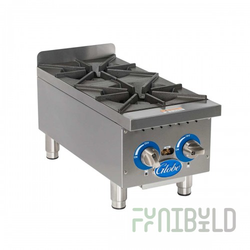 Globe GHP12G 14 Inch Gas Hotplate 2 Burners 44000 BTU with Cast Iron Grates