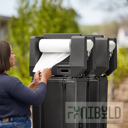 Cambro 2.5 Gallon Black Portable Handwash Station with Soap and Roll Paper Towel Dispenser and Riser