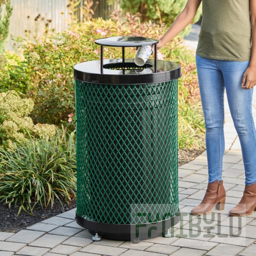 Lancaster Table & Seating 36 Gallon Heavy-Duty Round Green Expanded Steel Outdoor Trash Can with Rain Bonnet Lid