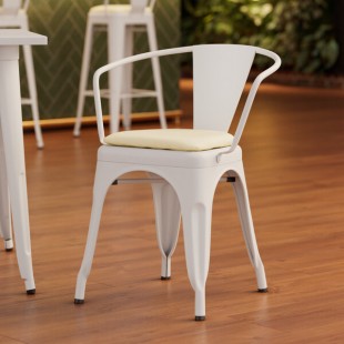 Lancaster Table & Seating Alloy Pearl White Indoor Arm Chair with White Vinyl Cushion