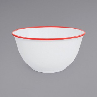 Crow Canyon Home V23RED Vintage 4 Qt. White Round Enamelware Footed Bowl with Red Rolled Rim Crow Canyon Home V23RED Vintage 4 Qt. White Round Enamelware Footed Bowl with Red Rolled Rim