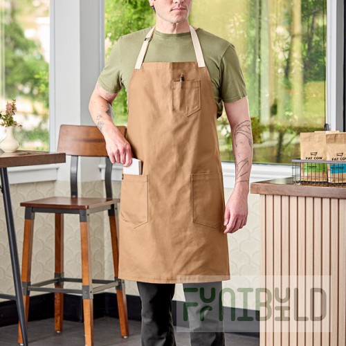 Uncommon Chef 3104 Caramel Customizable 100% Cotton Rebel Bib Apron with Natural Webbing and 3 Pockets - 34