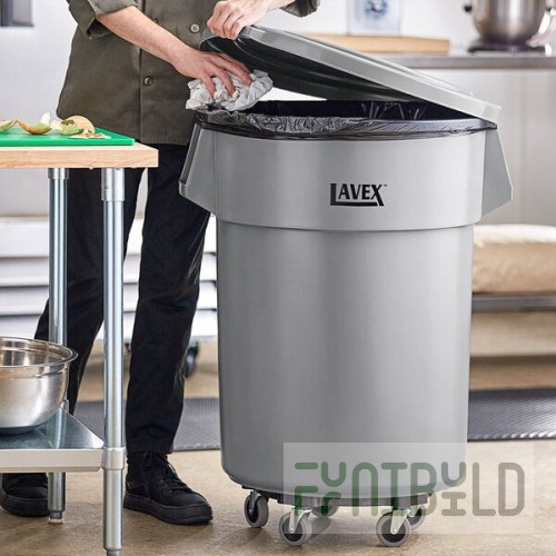 Lavex 55 Gallon Gray Round Commercial Trash Can with Lid and Dolly