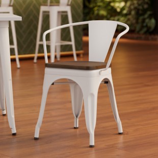 Lancaster Table & Seating Alloy Pearl White Indoor Arm Chair with Walnut Wood Seat