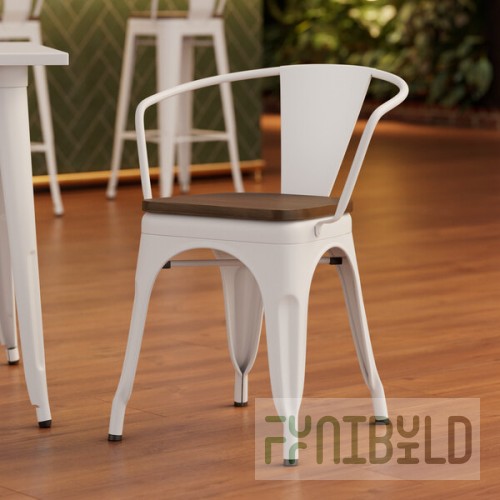 Lancaster Table & Seating Alloy Pearl White Indoor Arm Chair with Walnut Wood Seat