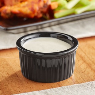 Acopa 2.5 oz. Glossy Black Fluted Stoneware Ramekin - 48/Case Acopa 2.5 oz. Glossy Black Fluted Stoneware Ramekin - 48/Case