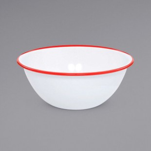 Crow Canyon Home V18RED Vintage 2 Qt. White Round Enamelware Bowl with Red Rolled Rim