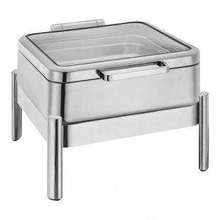 Eastern Tabletop 5-Star Series Jazz Smooth 6 Qt. 2/3 Size Square Stainless Steel Induction / Traditional Chafer with Hinged Glass Lid 3874GS