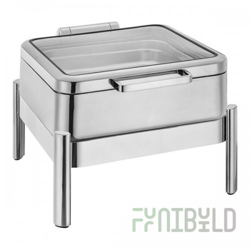 Eastern Tabletop 5-Star Series Jazz Smooth 6 Qt. 2/3 Size Square Stainless Steel Induction / Traditional Chafer with Hinged Glass Lid 3874GS