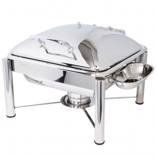 Eastern Tabletop 3934PL Crown 6 Qt. Stainless Steel Square Induction / Traditional Chafer with Pillar'd Stand and Hinged Dome Cover