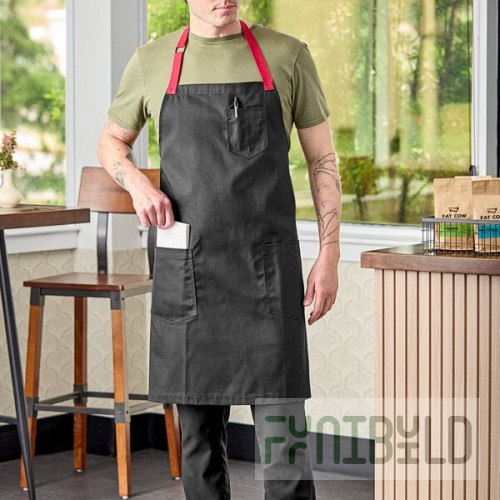 Uncommon Chef 3104 Black Customizable Poly-Cotton Rebel Bib Apron with Red Webbing and 3 Pockets - 34